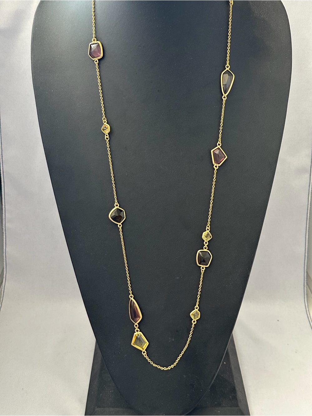Stella & Dot Gold tone Long Necklace with Purple and Yellow Stones